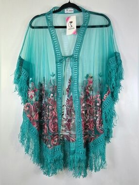 NWT ASHA FLORAL TEAL EMBROIDERED MESH KIMONO COVER UP.